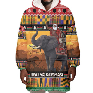 Afro Christmas in Kenya Safari Wearable Blanket Hoodie Black Santa Riding Elephant - African Pride