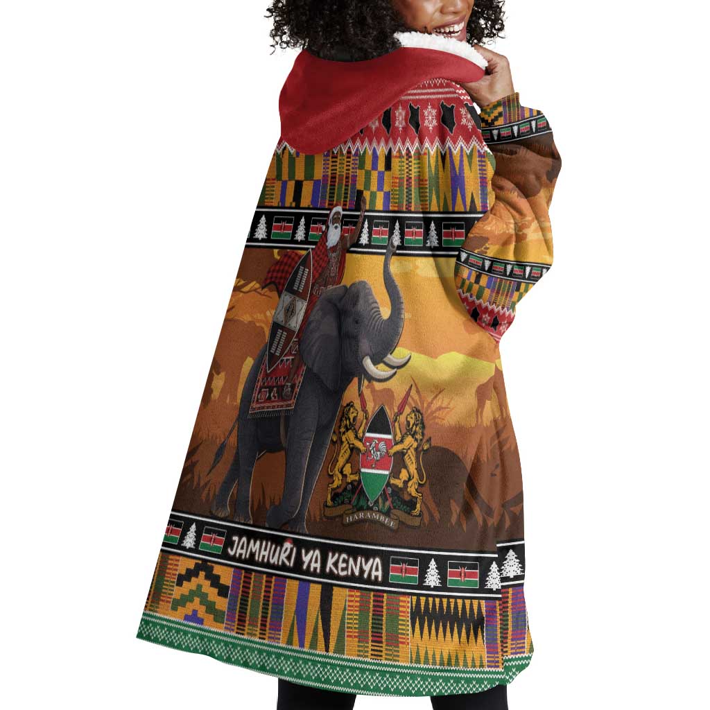 Afro Christmas in Kenya Safari Wearable Blanket Hoodie Black Santa Riding Elephant - African Pride