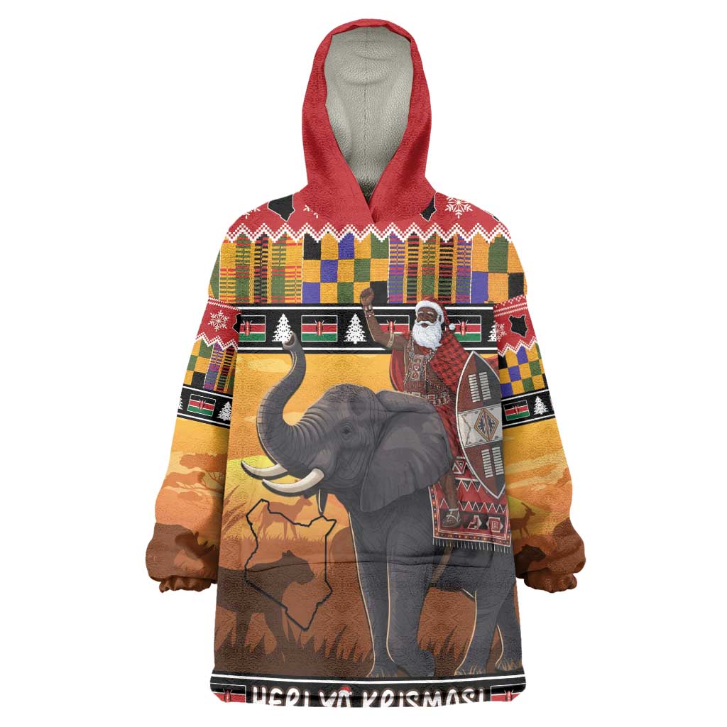 Afro Christmas in Kenya Safari Wearable Blanket Hoodie Black Santa Riding Elephant - African Pride
