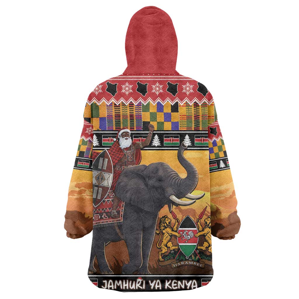 Afro Christmas in Kenya Safari Wearable Blanket Hoodie Black Santa Riding Elephant - African Pride