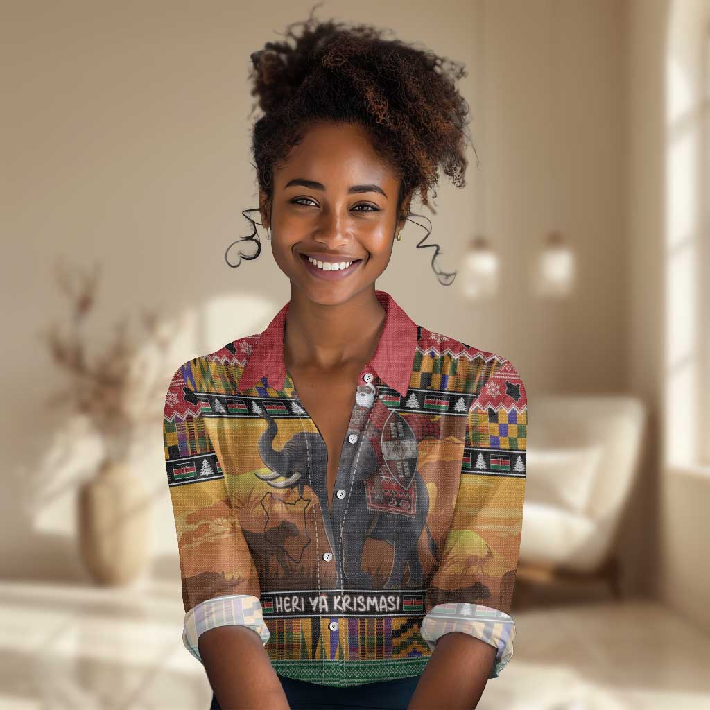 Afro Christmas in Kenya Safari Women Casual Shirt Black Santa Riding Elephant - African Pride
