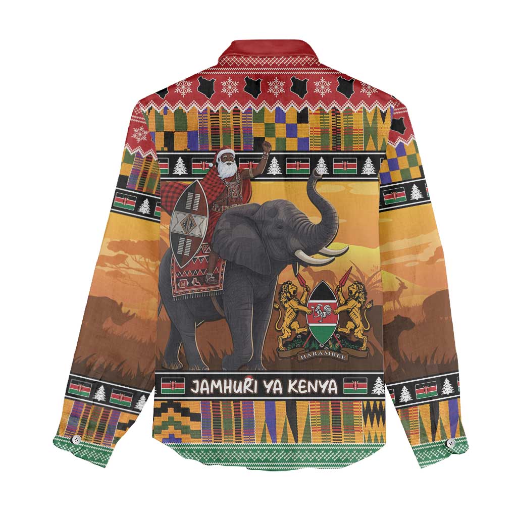 Afro Christmas in Kenya Safari Women Casual Shirt Black Santa Riding Elephant - African Pride