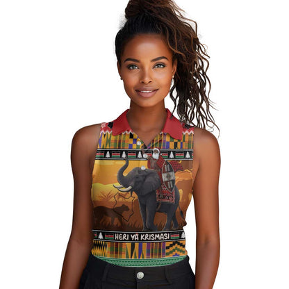 Afro Christmas in Kenya Safari Women Sleeveless Polo Shirt Black Santa Riding Elephant - African Pride