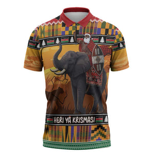 Kenya Safari Christmas Zipper Polo Shirt Black Santa Riding Elephant - Heri ya Krismasi