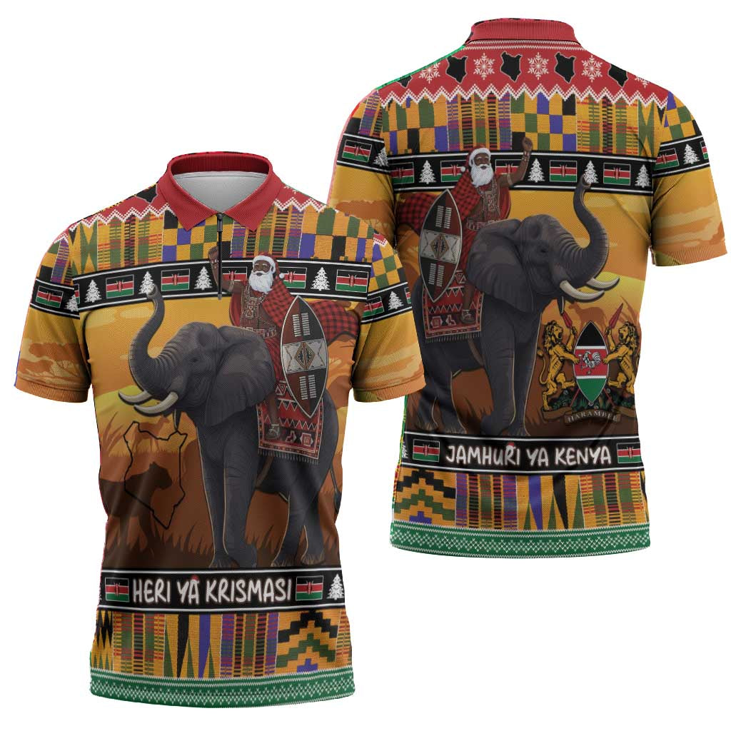 Kenya Safari Christmas Zipper Polo Shirt Black Santa Riding Elephant - Heri ya Krismasi