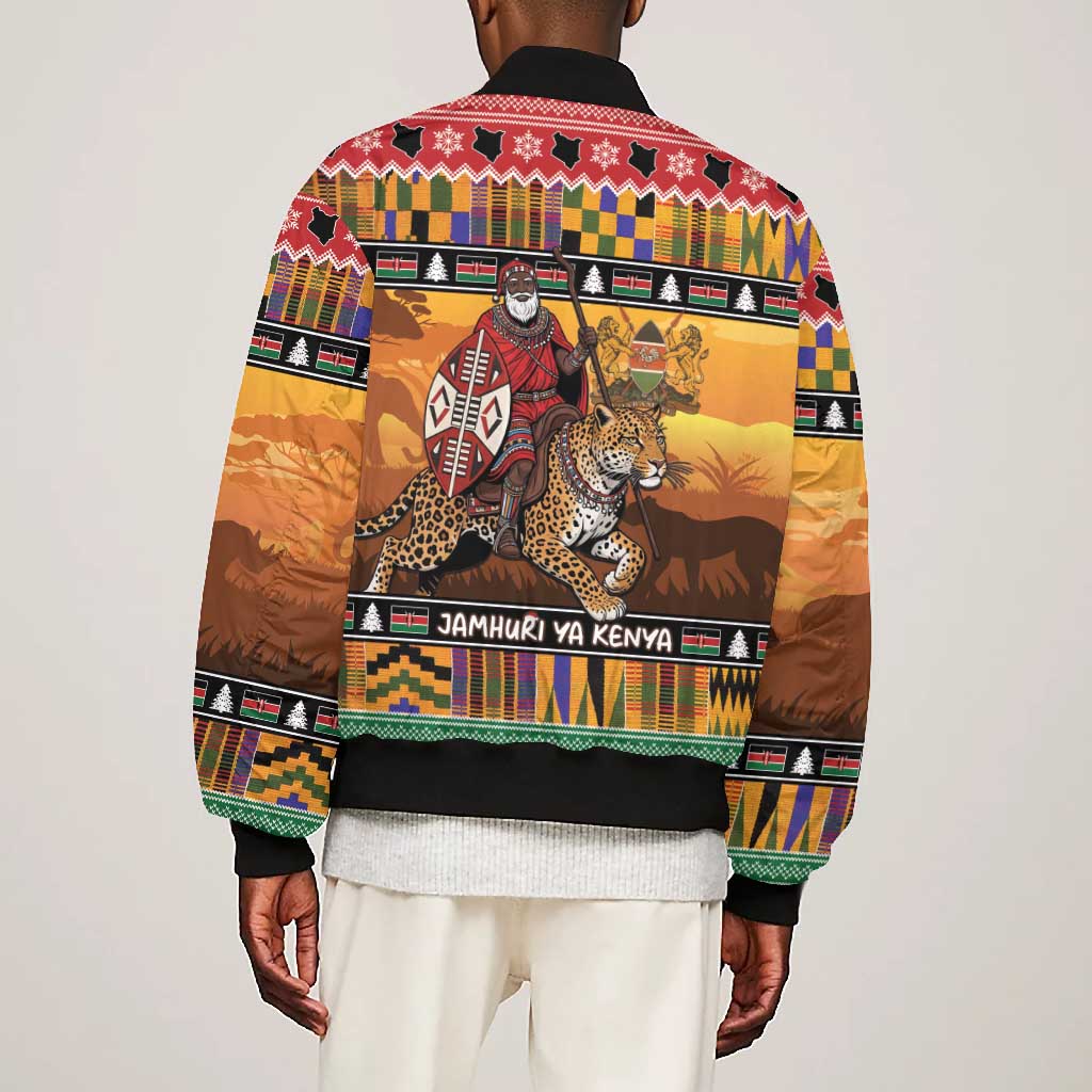 Afro Christmas in Kenya Safari Bomber Jacket Black Santa Riding Leopards - African Pride