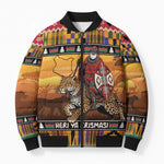 Kenya Safari Christmas Bomber Puffer Jacket Black Santa Riding Leopards - Heri ya Krismasi