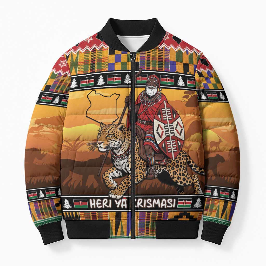 Kenya Safari Christmas Bomber Puffer Jacket Black Santa Riding Leopards - Heri ya Krismasi