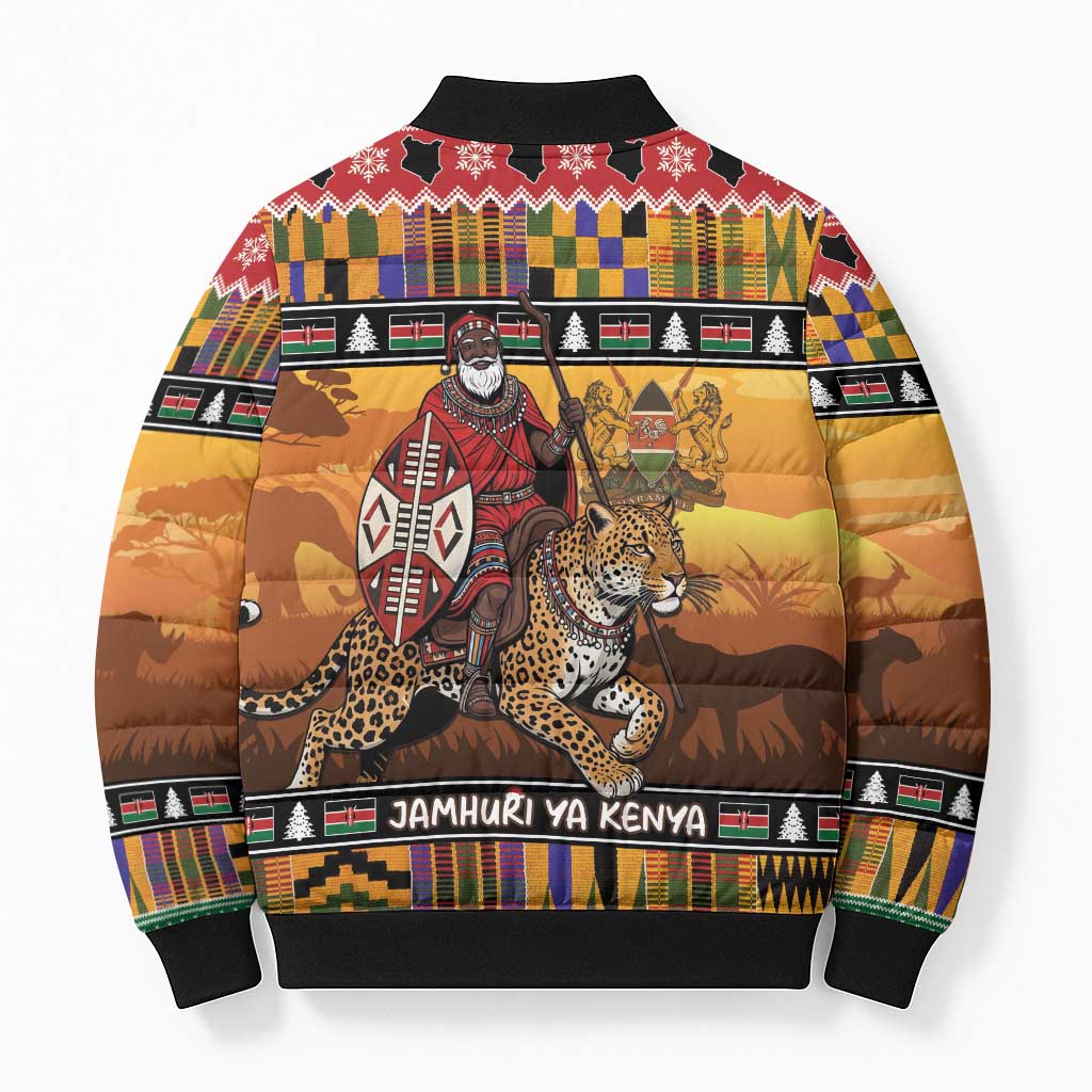 Kenya Safari Christmas Bomber Puffer Jacket Black Santa Riding Leopards - Heri ya Krismasi