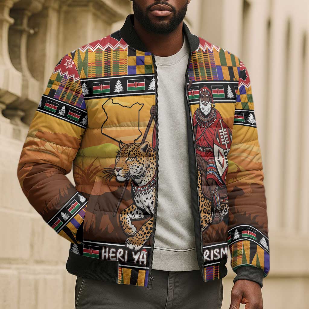 Kenya Safari Christmas Bomber Puffer Jacket Black Santa Riding Leopards - Heri ya Krismasi