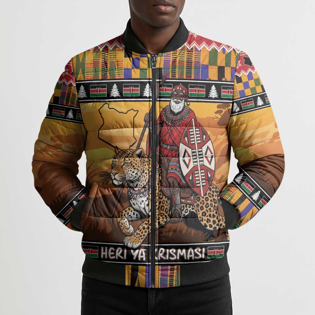 Kenya Safari Christmas Bomber Puffer Jacket Black Santa Riding Leopards - Heri ya Krismasi