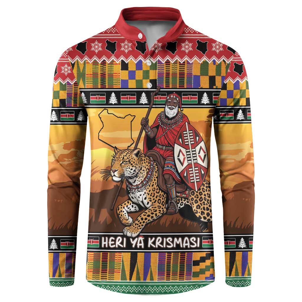 Kenya Safari Christmas Button Sweatshirt Black Santa Riding Leopards - Heri ya Krismasi