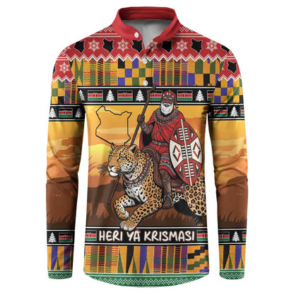 Kenya Safari Christmas Button Sweatshirt Black Santa Riding Leopards - Heri ya Krismasi