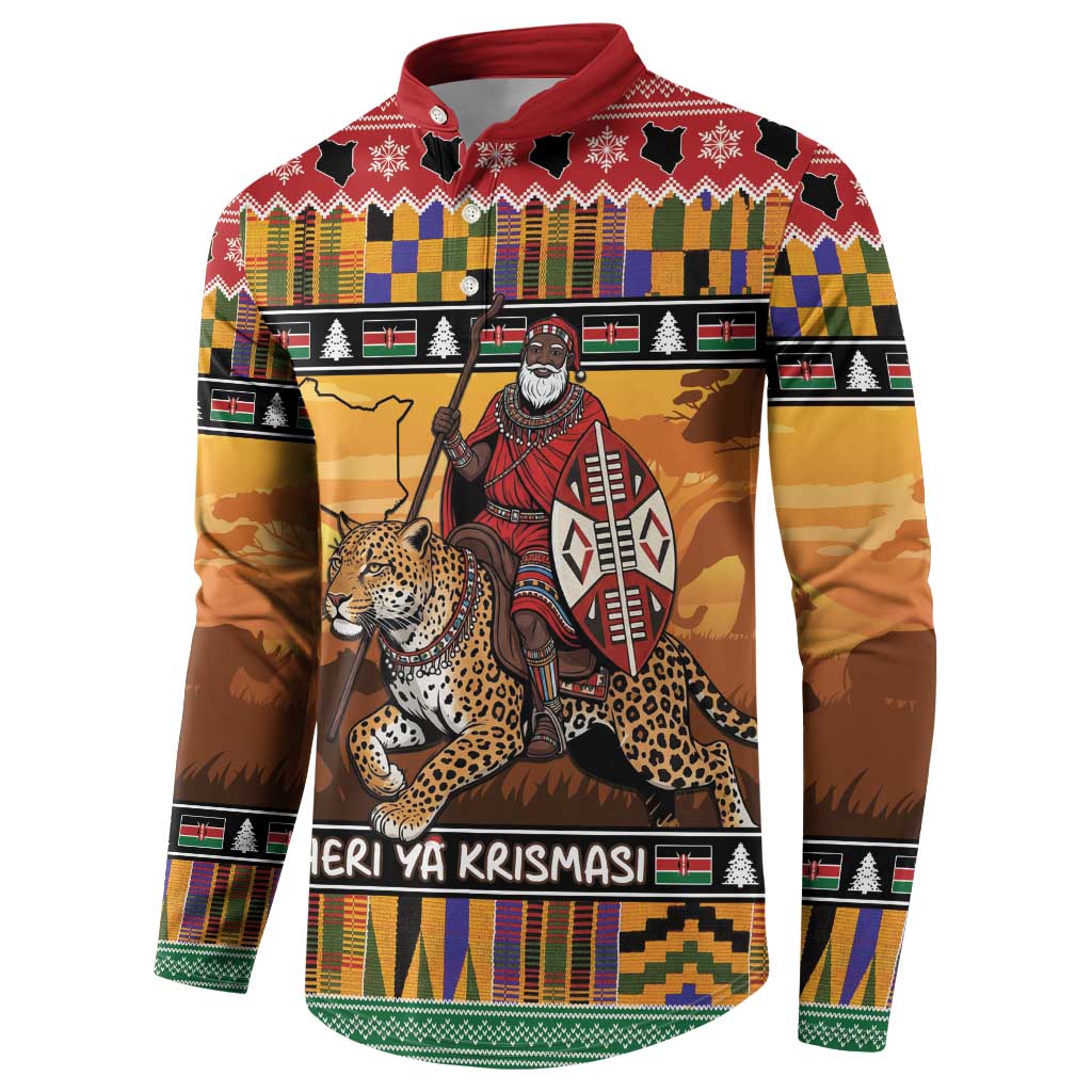 Kenya Safari Christmas Button Sweatshirt Black Santa Riding Leopards - Heri ya Krismasi