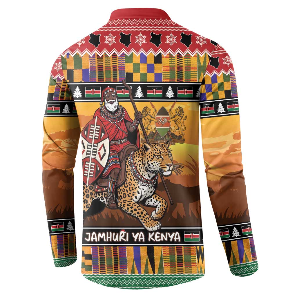 Kenya Safari Christmas Button Sweatshirt Black Santa Riding Leopards - Heri ya Krismasi
