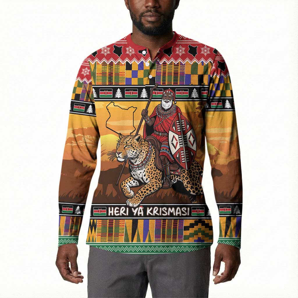 Kenya Safari Christmas Button Sweatshirt Black Santa Riding Leopards - Heri ya Krismasi