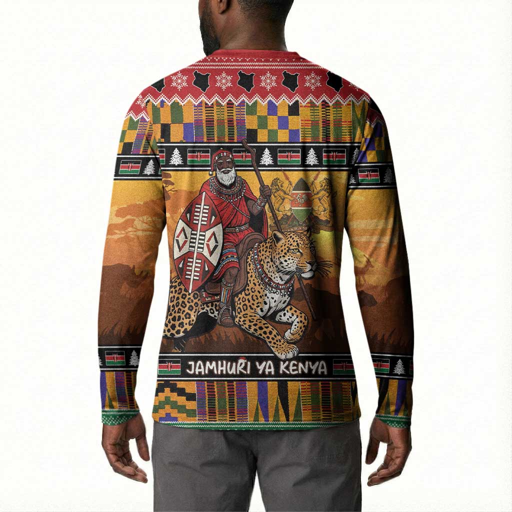 Kenya Safari Christmas Button Sweatshirt Black Santa Riding Leopards - Heri ya Krismasi