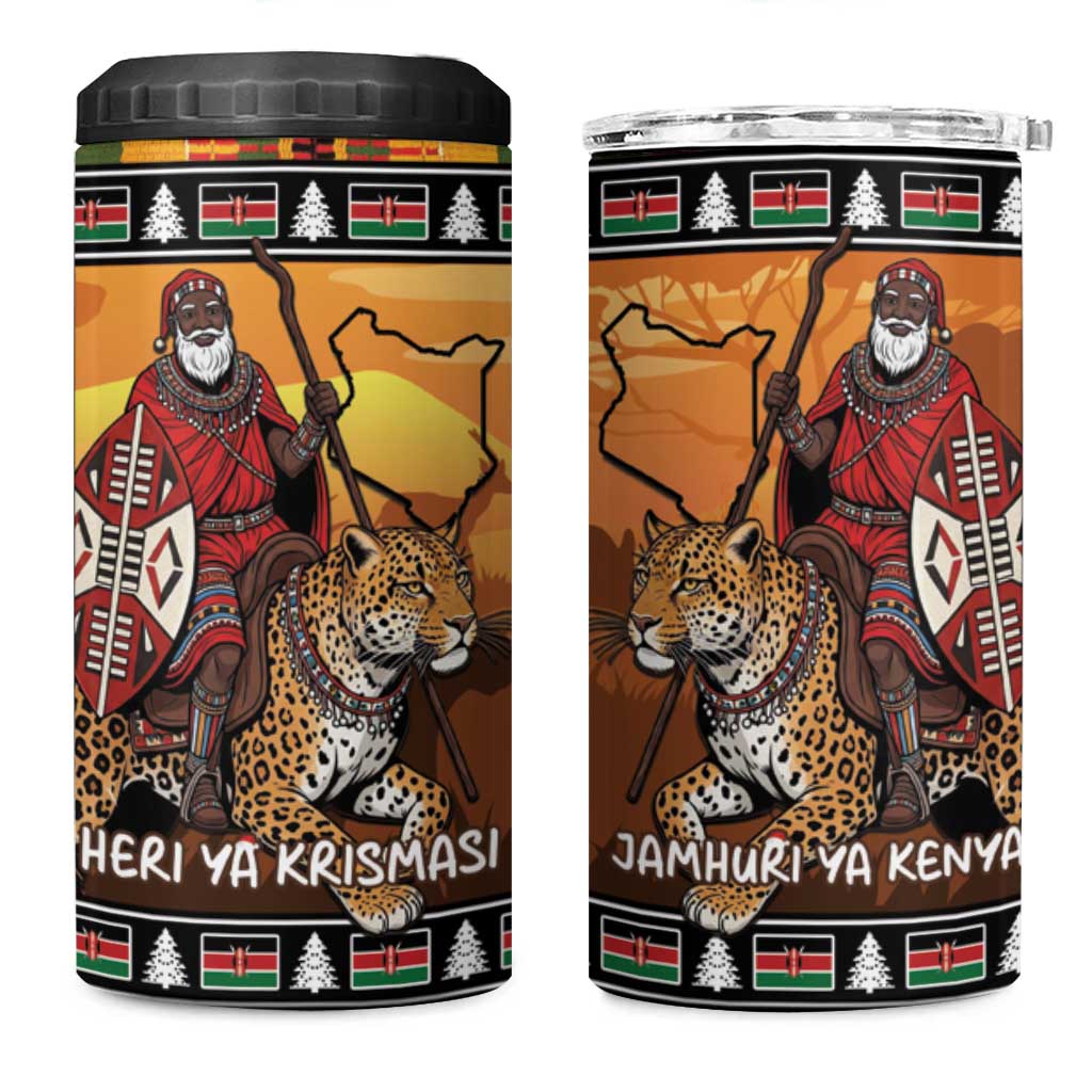 Afro Christmas in Kenya Safari 4 in 1 Can Cooler Tumbler Black Santa Riding Leopards - African Pride