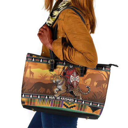 Afro Christmas in Kenya Safari Leather Tote Bag Black Santa Riding Leopards - African Pride