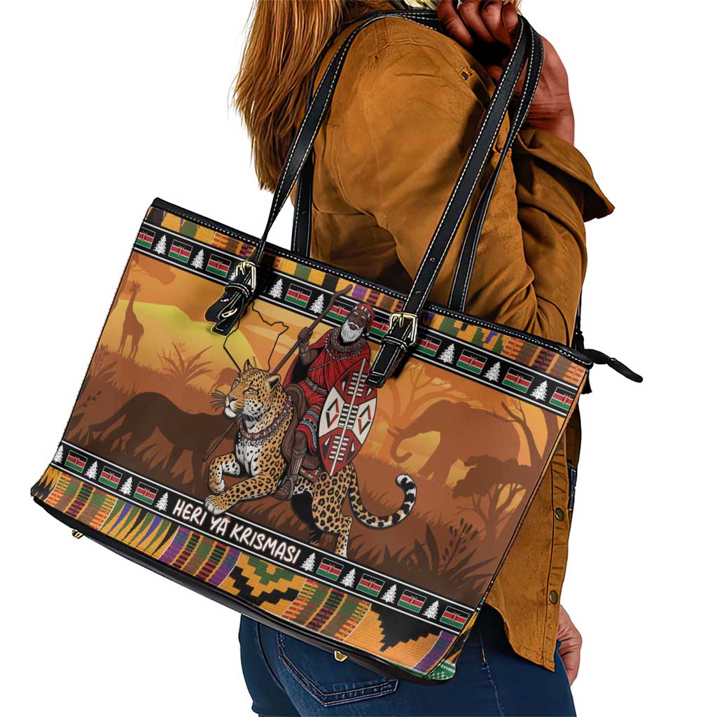 Afro Christmas in Kenya Safari Leather Tote Bag Black Santa Riding Leopards - African Pride