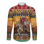 Afro Christmas in Kenya Safari Long Sleeve Button Shirt Black Santa Riding Leopards - African Pride
