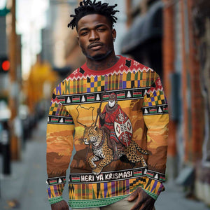 Afro Christmas in Kenya Safari Long Sleeve Shirt Black Santa Riding Leopards - African Pride