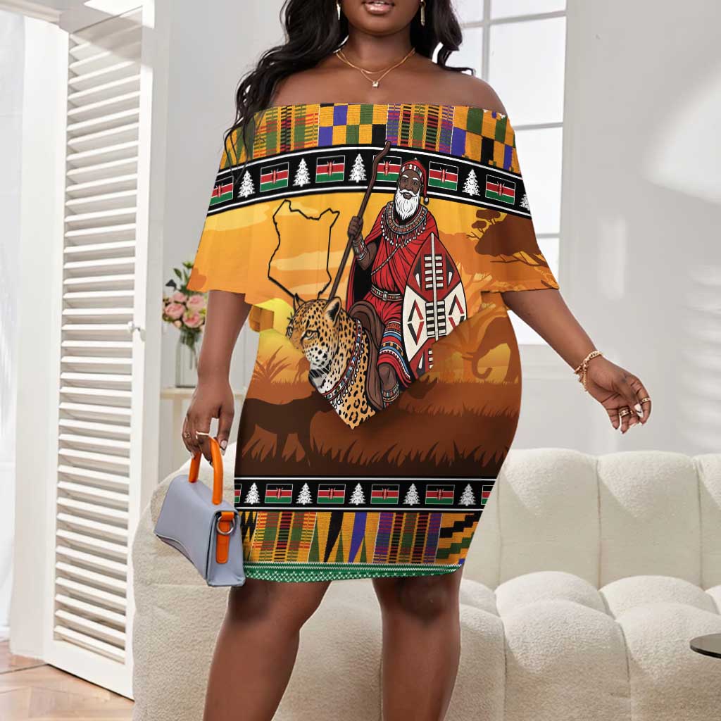 Afro Christmas in Kenya Safari Off Shoulder Short Dress Black Santa Riding Leopards - African Pride