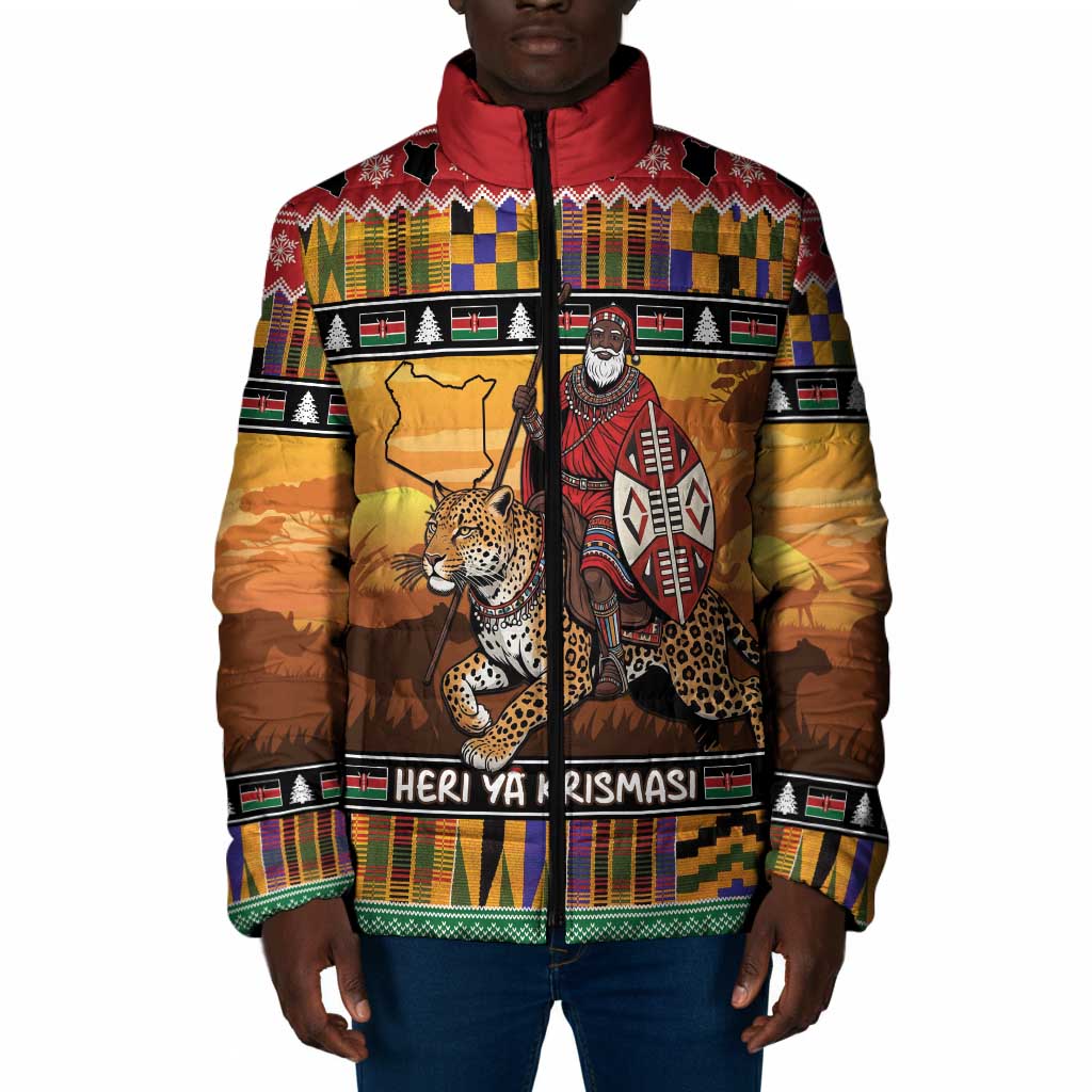 Kenya Safari Christmas Padded Jacket Black Santa Riding Leopards - Heri ya Krismasi