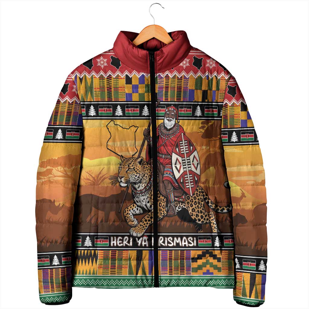 Kenya Safari Christmas Padded Jacket Black Santa Riding Leopards - Heri ya Krismasi
