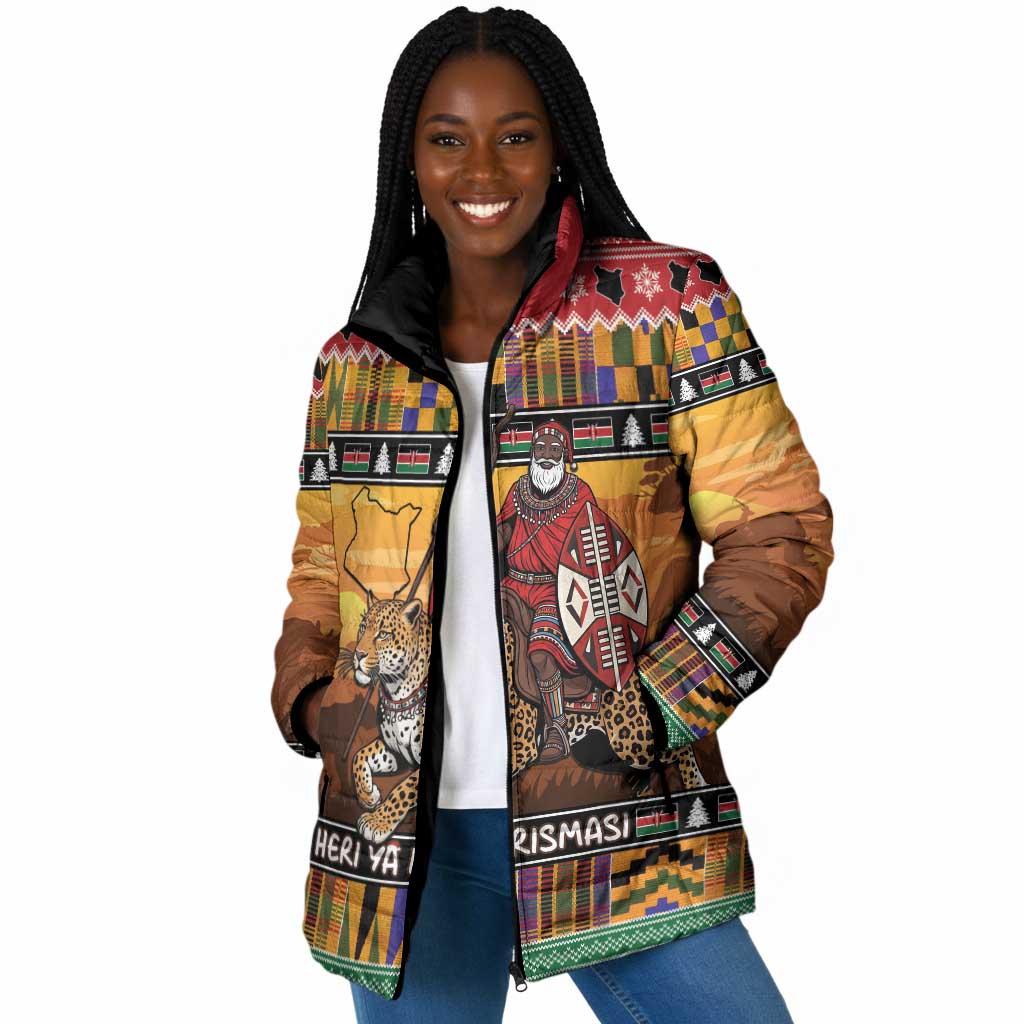 Kenya Safari Christmas Padded Jacket Black Santa Riding Leopards - Heri ya Krismasi
