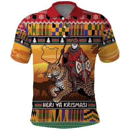 Afro Christmas in Kenya Safari Polo Shirt Black Santa Riding Leopards - African Pride