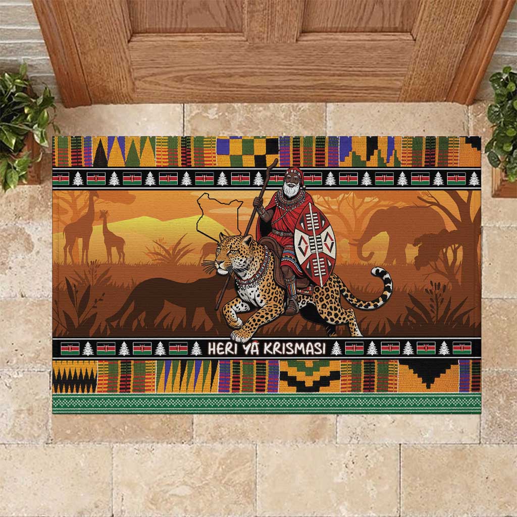 Afro Christmas in Kenya Safari Rubber Doormat Black Santa Riding Leopards - African Pride