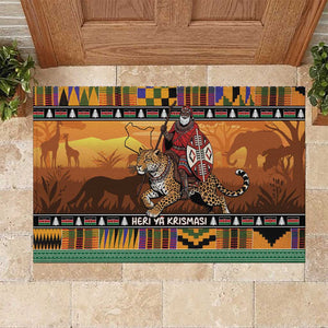 Afro Christmas in Kenya Safari Rubber Doormat Black Santa Riding Leopards - African Pride