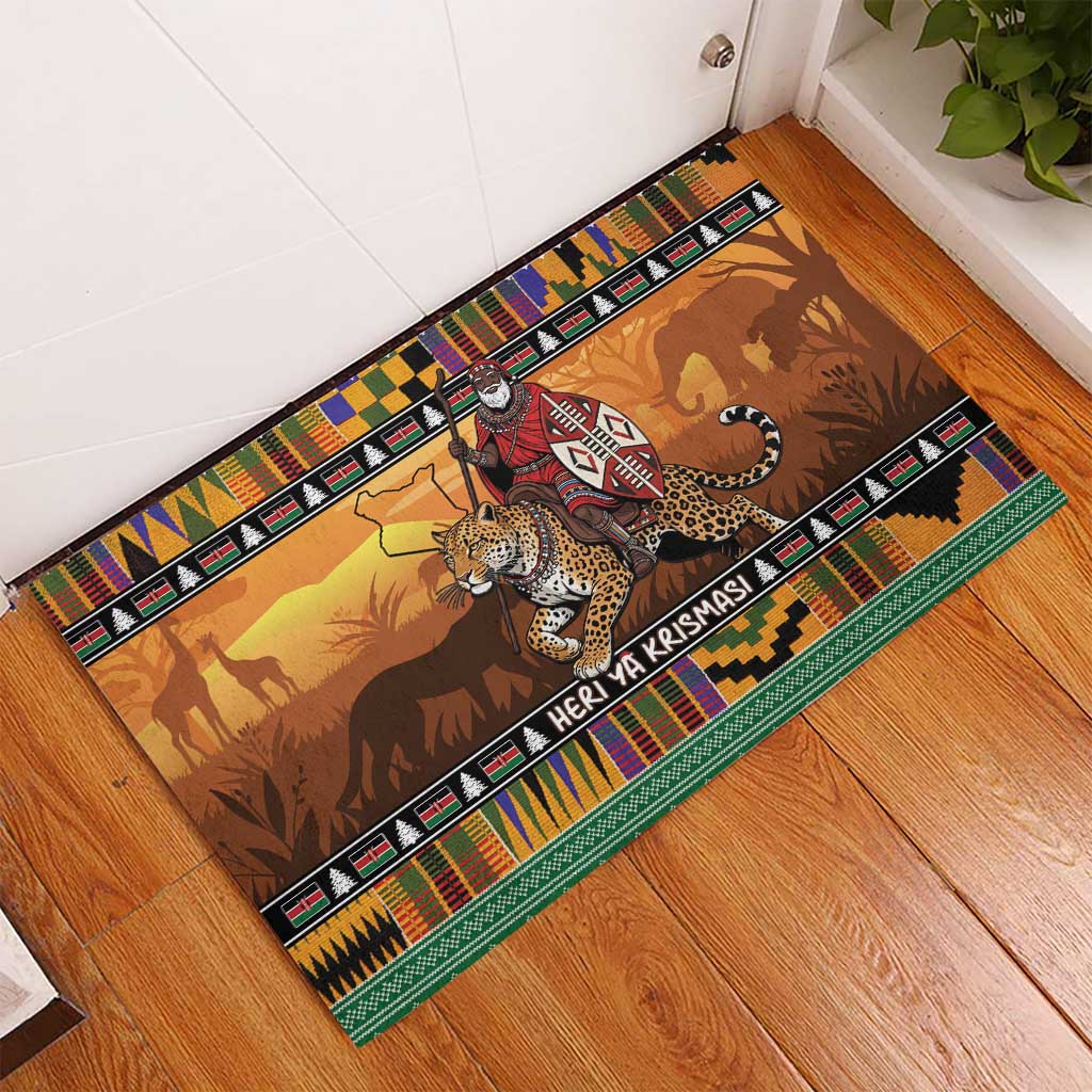 Afro Christmas in Kenya Safari Rubber Doormat Black Santa Riding Leopards - African Pride