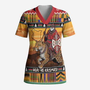 Kenya Safari Christmas Scrub Top Black Santa Riding Leopards - Heri ya Krismasi - African Pride