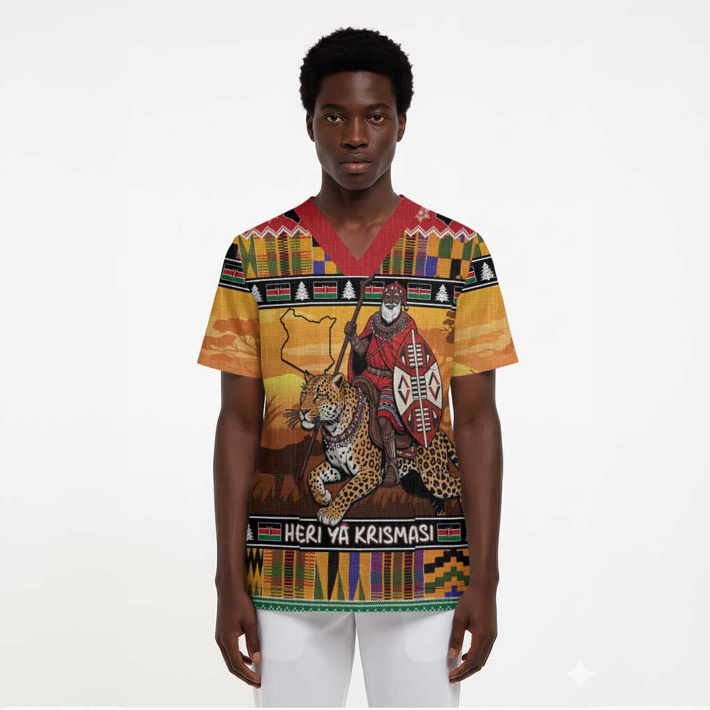 Kenya Safari Christmas Scrub Top Black Santa Riding Leopards - Heri ya Krismasi - African Pride