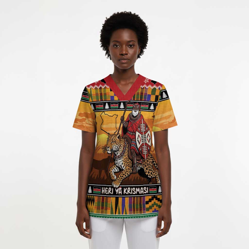 Kenya Safari Christmas Scrub Top Black Santa Riding Leopards - Heri ya Krismasi - African Pride