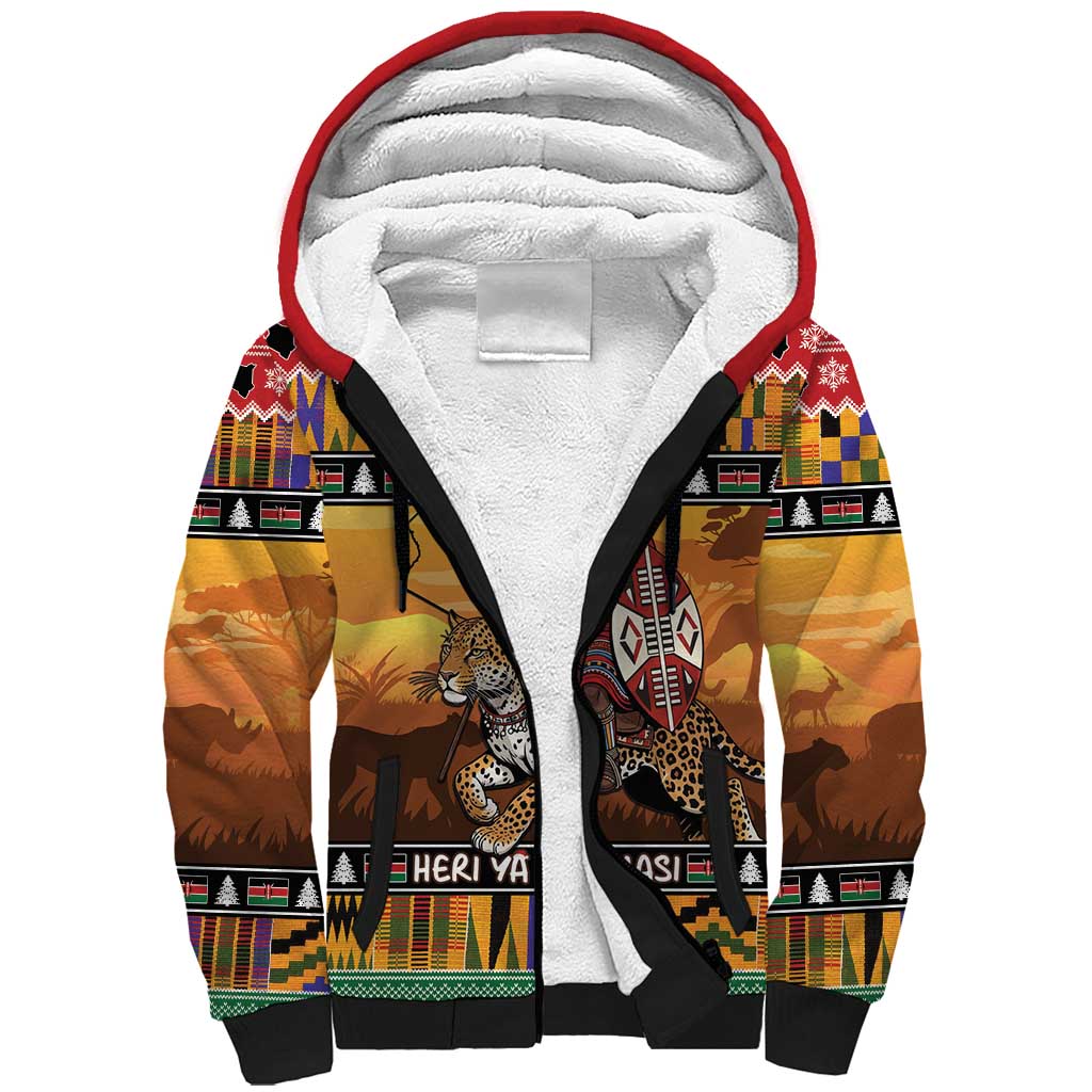 Afro Christmas in Kenya Safari Sherpa Hoodie Black Santa Riding Leopards - African Pride