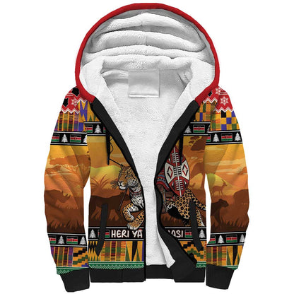 Afro Christmas in Kenya Safari Sherpa Hoodie Black Santa Riding Leopards - African Pride