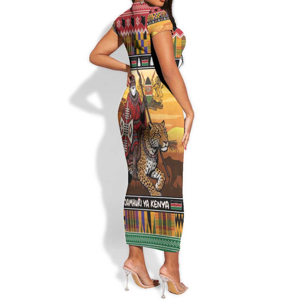 Afro Christmas in Kenya Safari Short Sleeve Bodycon Dress Black Santa Riding Leopards - African Pride