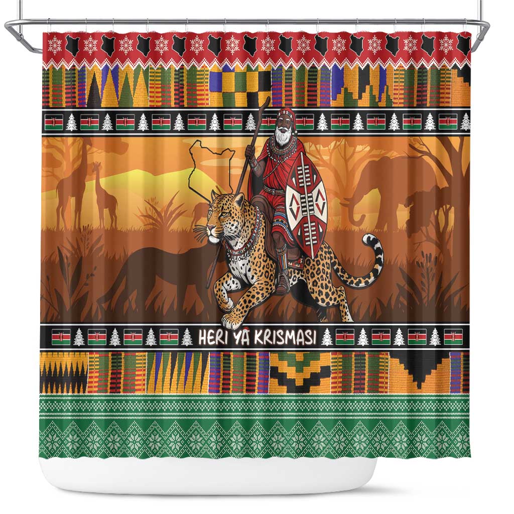 Afro Christmas in Kenya Safari Shower Curtain Black Santa Riding Leopards - African Pride