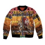 Afro Christmas in Kenya Safari Sleeve Zip Bomber Jacket Black Santa Riding Leopards - African Pride