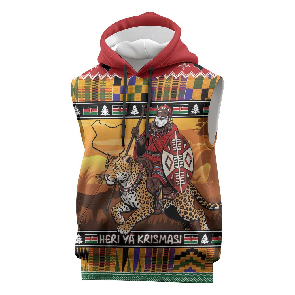 Afro Christmas in Kenya Safari Sleeveless Hoodie Black Santa Riding Leopards - African Pride