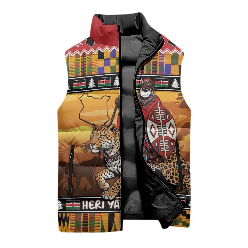 Kenya Safari Christmas Sleeveless Puffer Jacket Black Santa Riding Leopards - Heri ya Krismasi