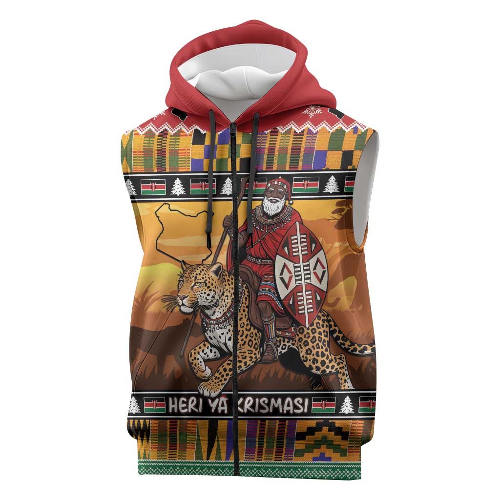 Afro Christmas in Kenya Safari Sleeveless Zip Hoodie Black Santa Riding Leopards - African Pride