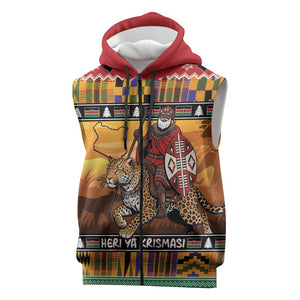 Afro Christmas in Kenya Safari Sleeveless Zip Hoodie Black Santa Riding Leopards - African Pride