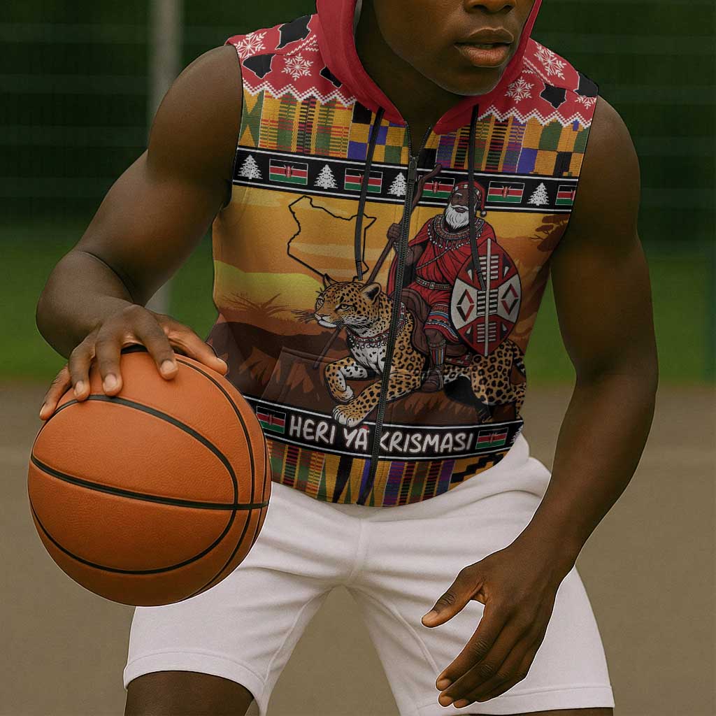 Afro Christmas in Kenya Safari Sleeveless Zip Hoodie Black Santa Riding Leopards - African Pride