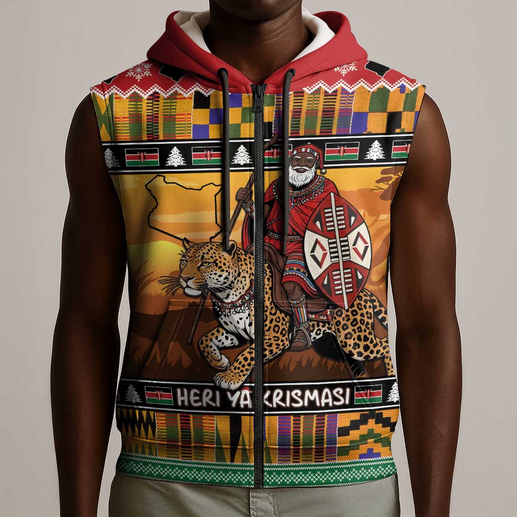 Afro Christmas in Kenya Safari Sleeveless Zip Hoodie Black Santa Riding Leopards - African Pride