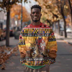 Afro Christmas in Kenya Safari Sweatshirt Black Santa Riding Leopards - African Pride