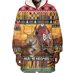 Afro Christmas in Kenya Safari Wearable Blanket Hoodie Black Santa Riding Leopards - African Pride